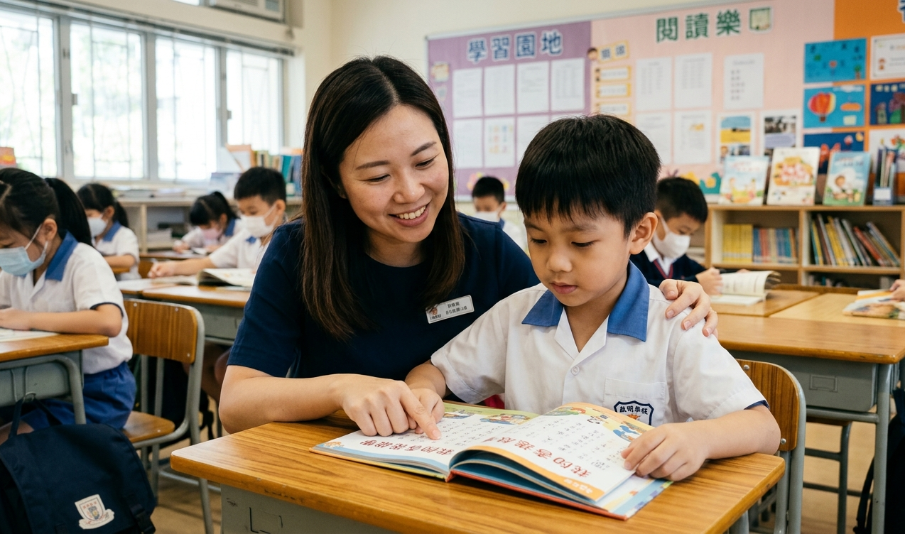 Child reading with support in a Hong Kong classroom