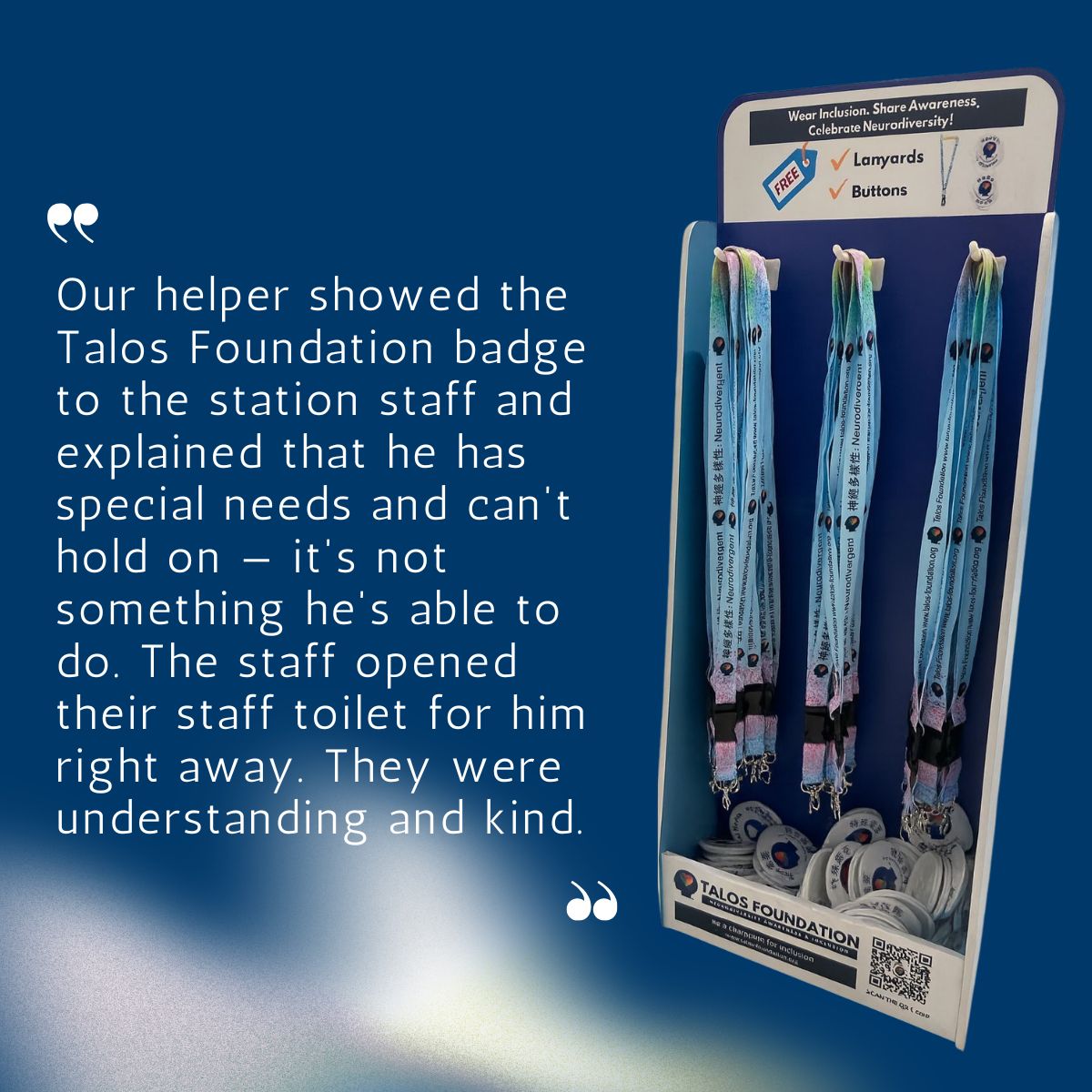Our helper showed the Talos Foundation badge to the station staff and explained that he has special needs and can’t hold on — it’s not something he’s able to do. The staff opened their staff toile Person wearing a Talos Foundation neurodiversity lanyard in English and Cantonese — free lanyard programme in Hong Kong